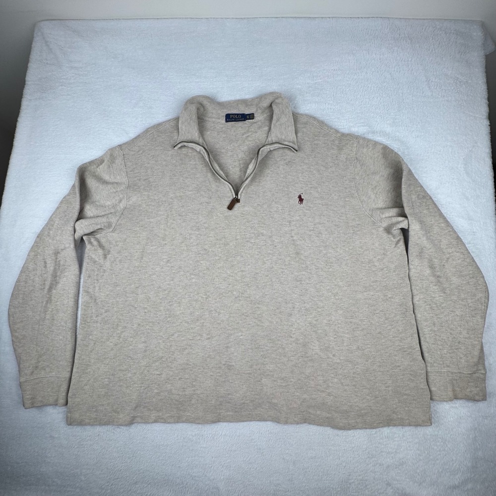 Polo Ralph Lauren Quarter Zip Pullover Mens XLT Beige Cotton Ribbed Knit Sweater